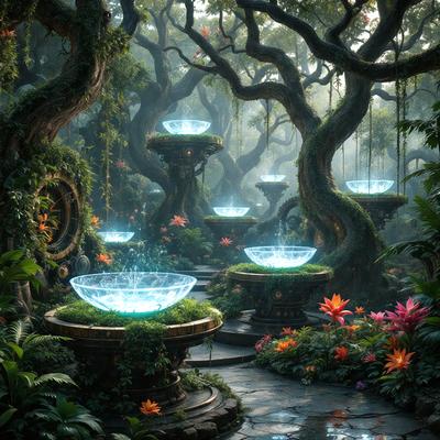 The primary subject of the image is a series of blue bowls placed in a forest setting. The bowls are arranged in a line, with some of them being placed on top of each other. The setting is a lush, green forest with trees and plants surrounding the bowls. The visual style of the image is a combination of photo and digital art, creating a surreal and whimsical atmosphere. The dominant colors in the image are blue and green, with the blue bowls standing out against the greenery of the forest.